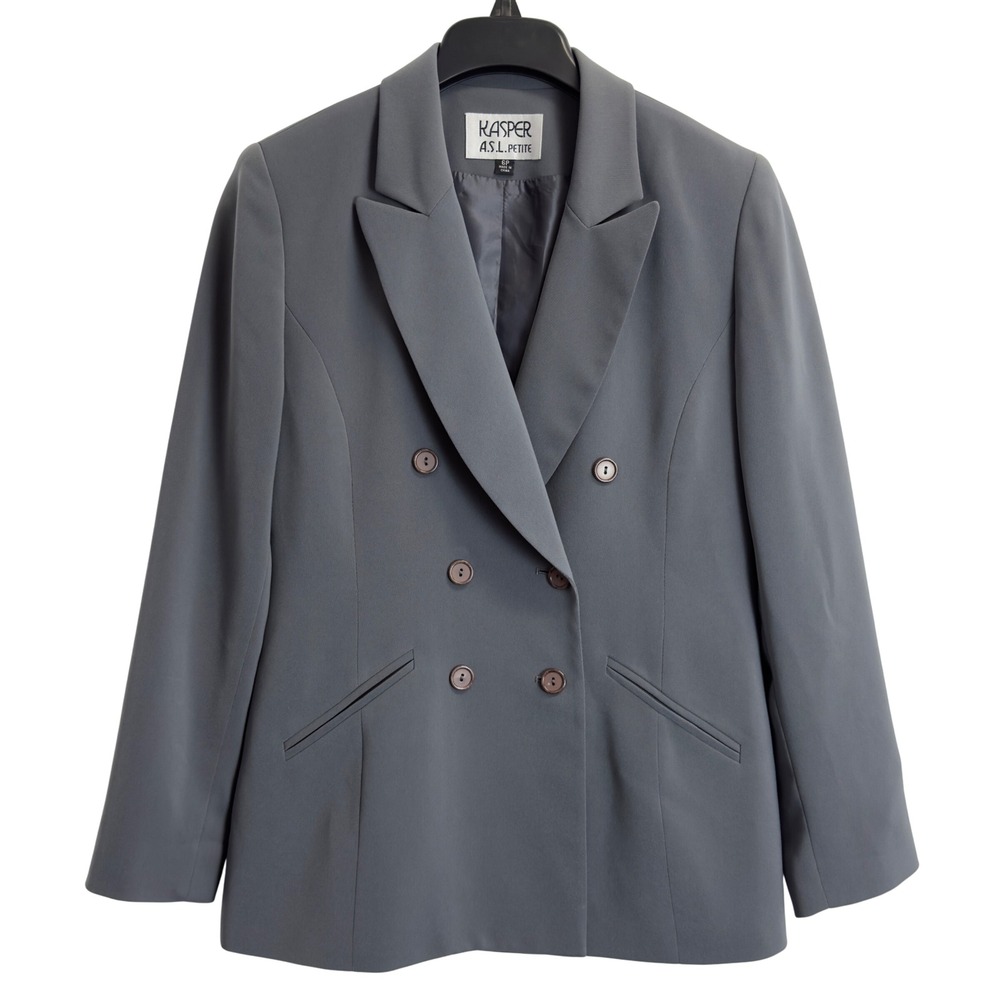 Kasper ASL Petite Blazer Womens 6P Gray Double Breasted Lined Suit Jacket
